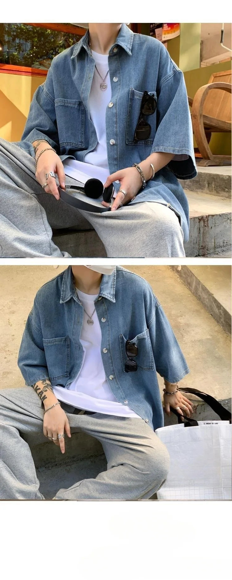 Men's Loose Fit Short Sleeve Denim Shirt Thin Summer Fashion Hong Kong Style Seven Sleeve Outerwear Trendy Casual Shirt