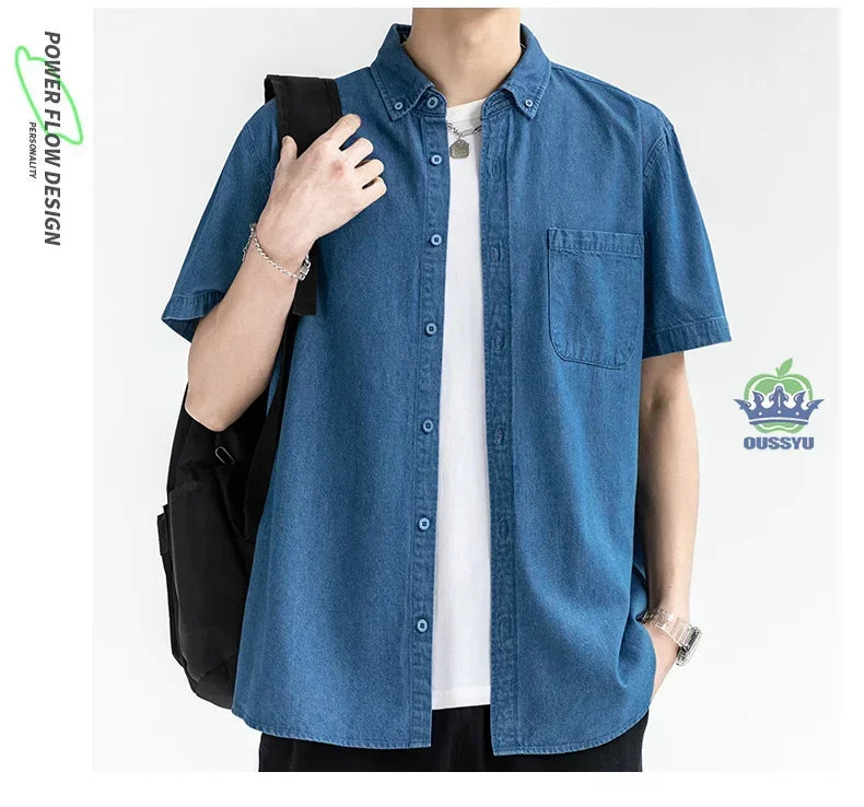 Men's Denim Shirt Long Sleeve Casual Outerwear Youth 2026 Fashion Streetwear Light Blue Button Up Top with Pockets Jeans Shirt