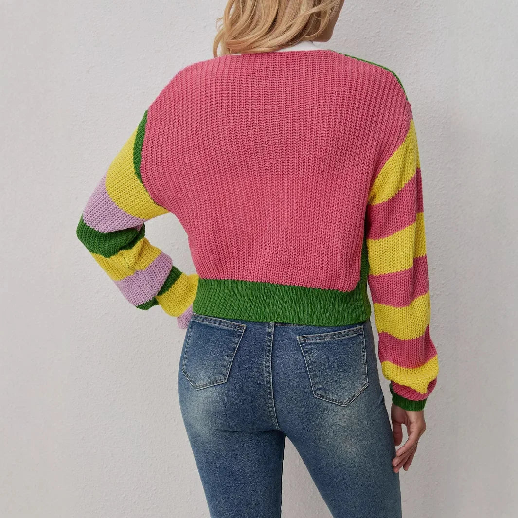 Colorful Striped Letter Knit Vest & Coat Set