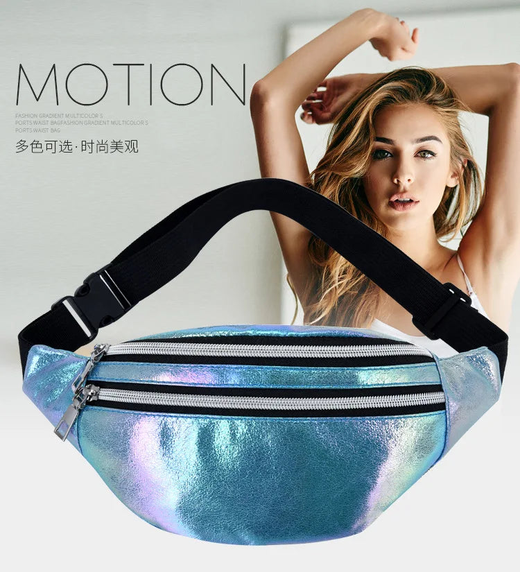 DX Holographic Fanny Pack Hologram Waist Bag Laser Beach Travel Banana Hip Bum Zip Waist Bags Women Belt Bag For Girls