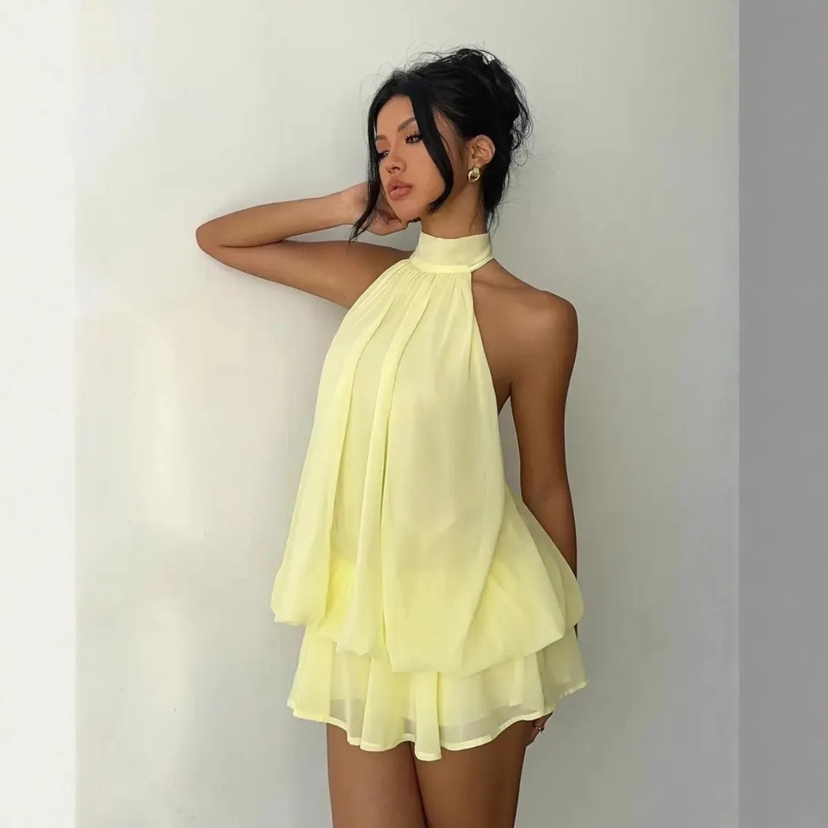 Women's Halter Neck Backless Tie-Front Mini Dress