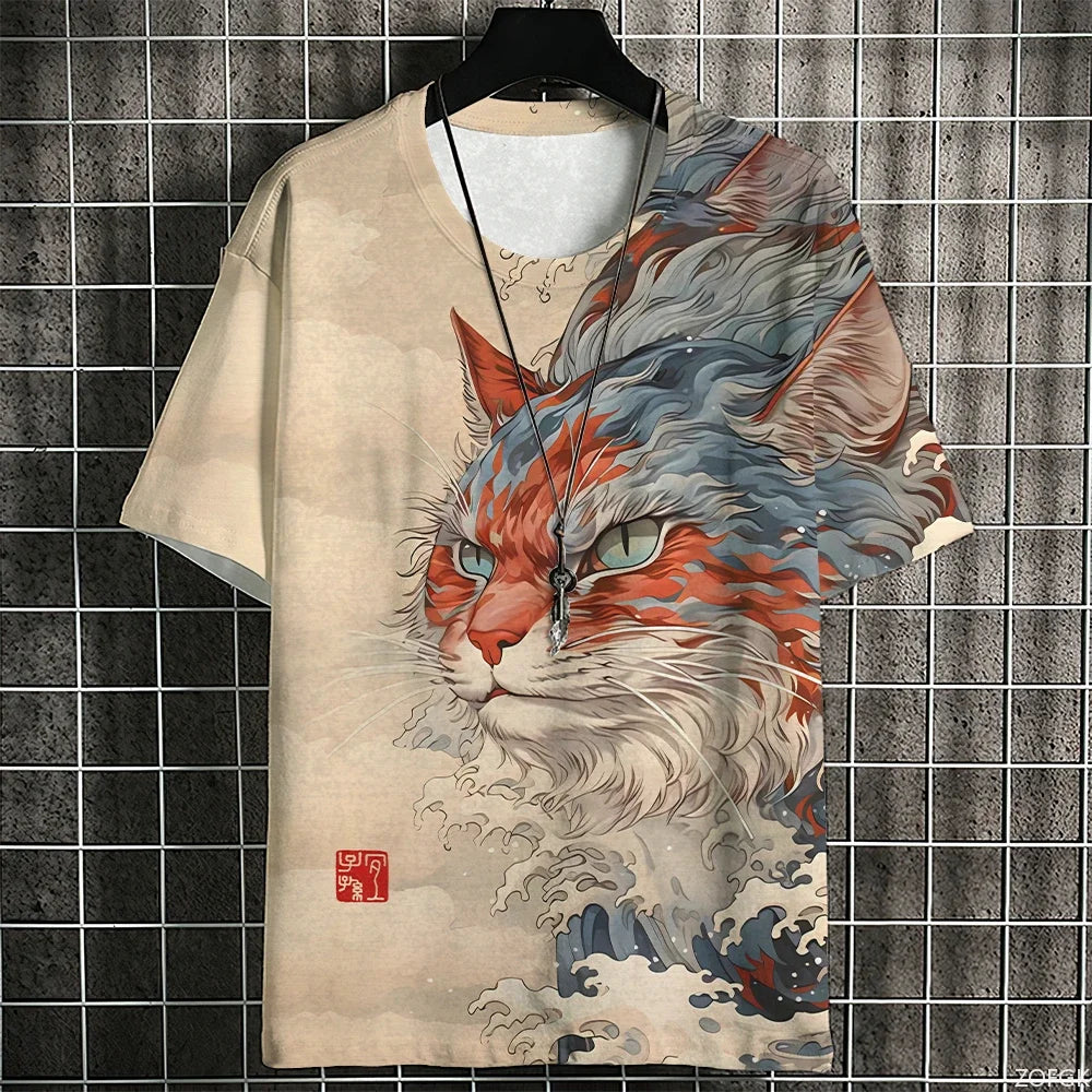 Japanese Samurai Cat Men's Anime T-Shirt – Summer 3D Print Tee