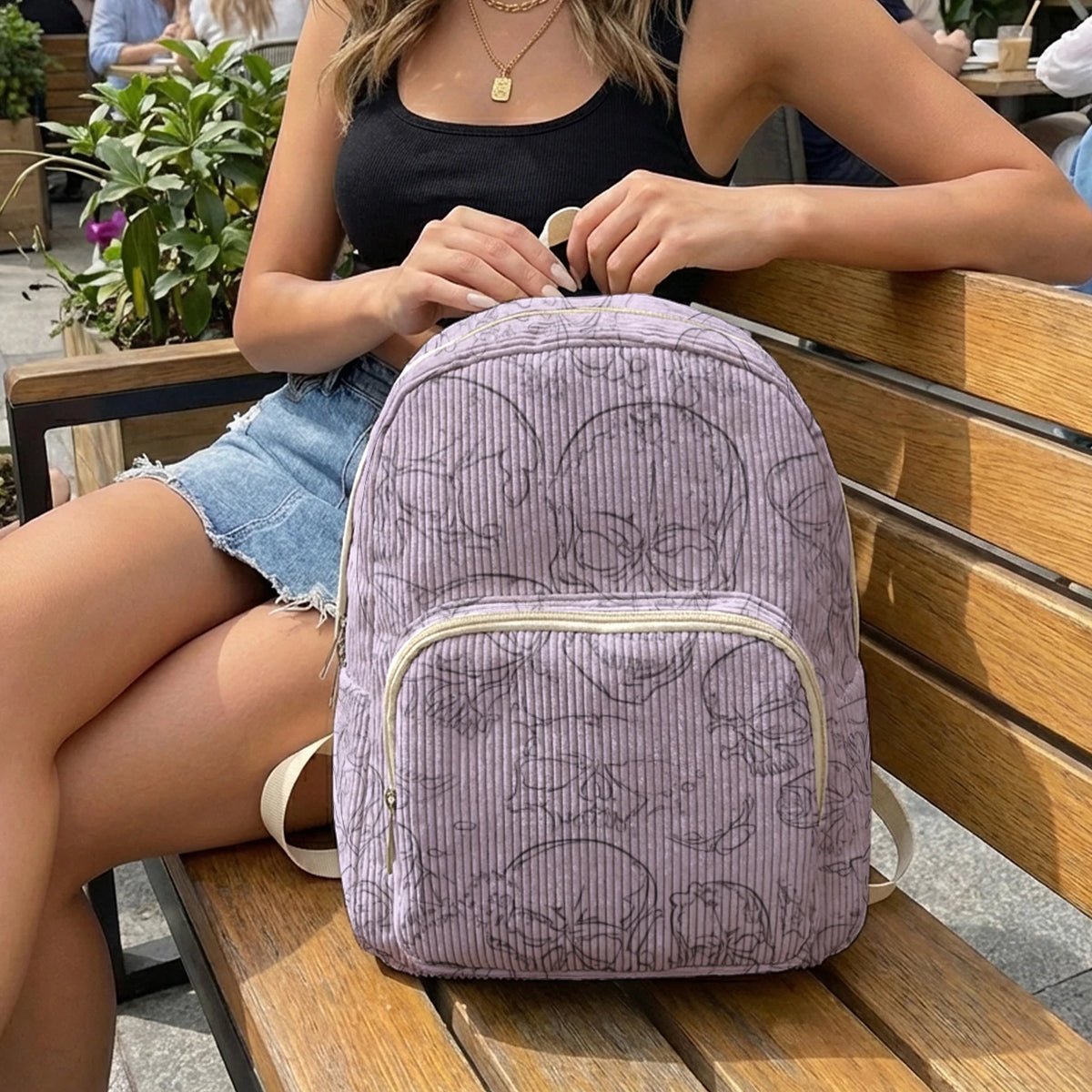 Gothic Skull Allover Print Women Fashion Backpack Corduroy Multi-pocket Large Capacity Commuter Bag