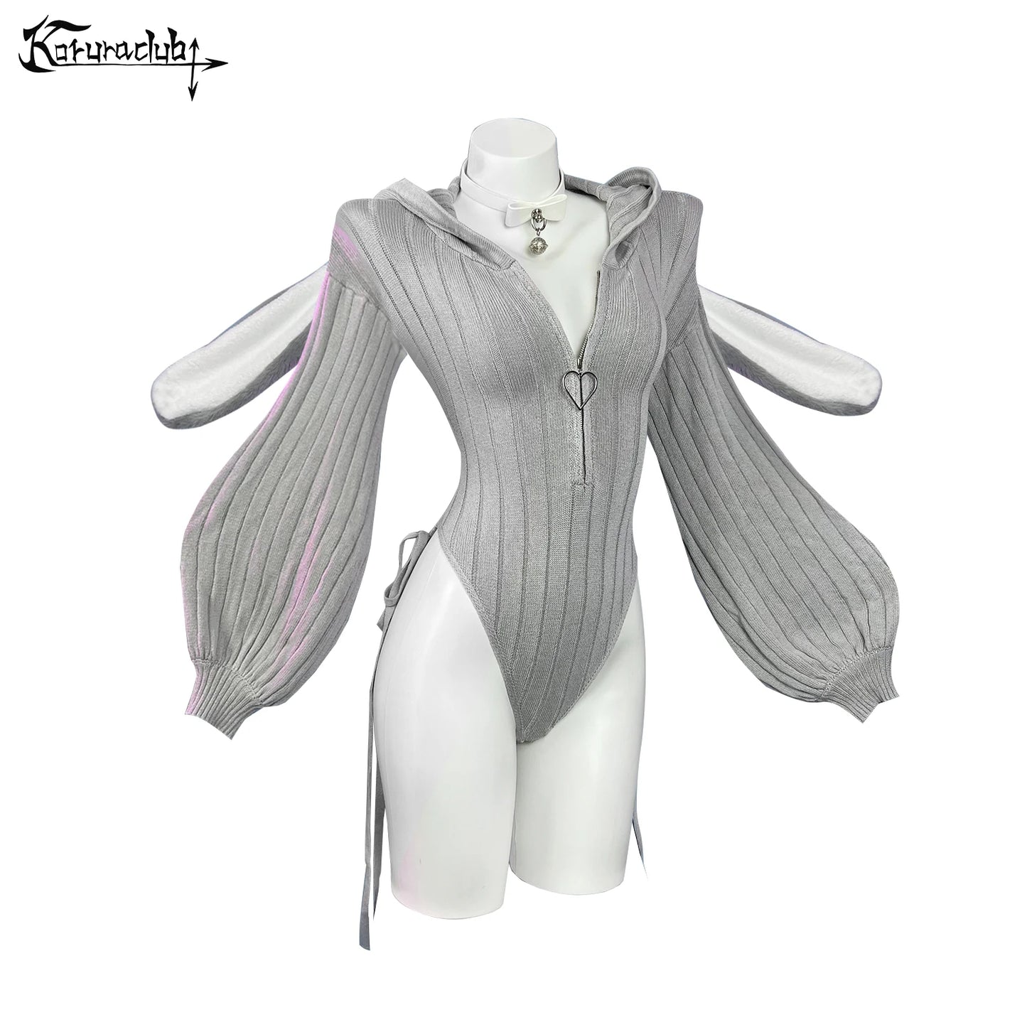 Heart Zipper Bunny Jumpsuit - Cute Knitted Bubble Sleeve Pajamas with Plush Tail