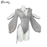 Heart Zipper Bunny Jumpsuit - Cute Knitted Bubble Sleeve Pajamas with Plush Tail