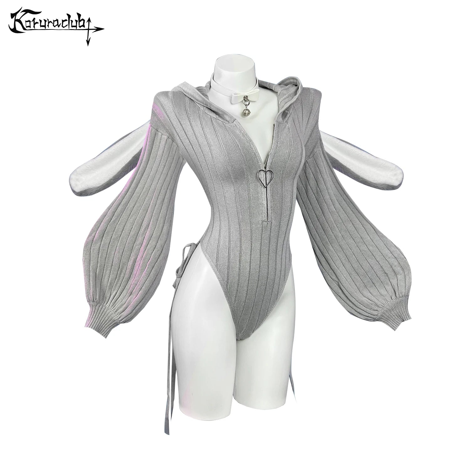 Heart Zipper Bunny Jumpsuit - Cute Knitted Bubble Sleeve Pajamas with Plush Tail