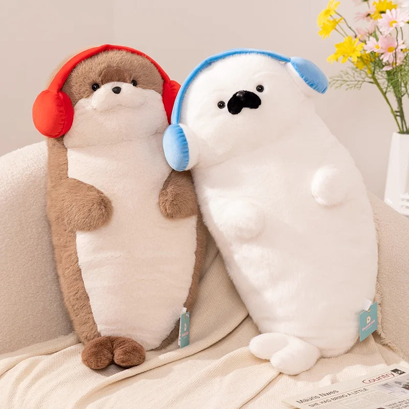 High Quality Cartoon Earphone Seal Sea Otter Plush Toy Ball Round Cushion Throw Pillow for Kids Birthday Gift School Nap Sleep