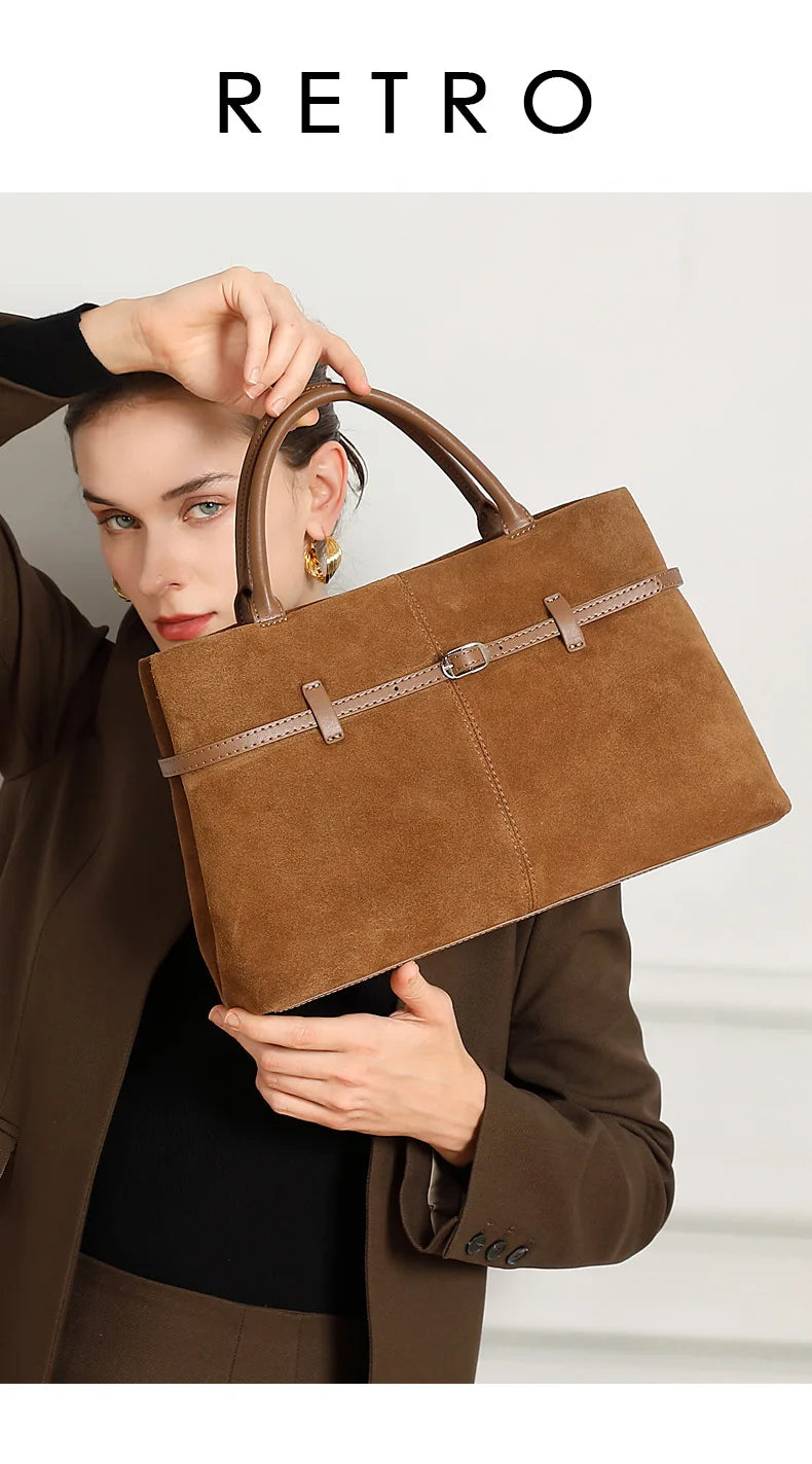 Oversized Suede Leather Briefcase Spacious Handheld Shoulder Crossbody Bag Women Slouchy Commuting Premium Light Luxury Handbag