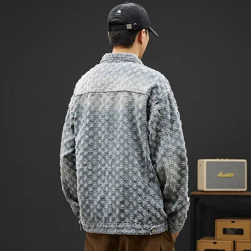 Fashionable Premium Jacquard Washed Denim Jacket for Men - Autumn New Arrival American Vintage Distressed Streetwear Style