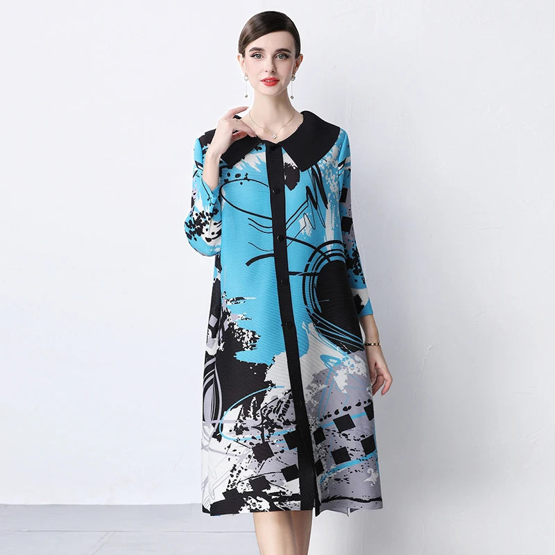 Miyake Pleated Drape Dress – Colorblock Print, 3/4 Sleeve
