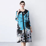 Miyake Pleated Drape Dress – Colorblock Print, 3/4 Sleeve