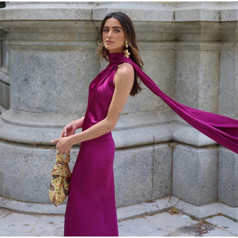 Elegant Ribbon Halter Maxi Dress