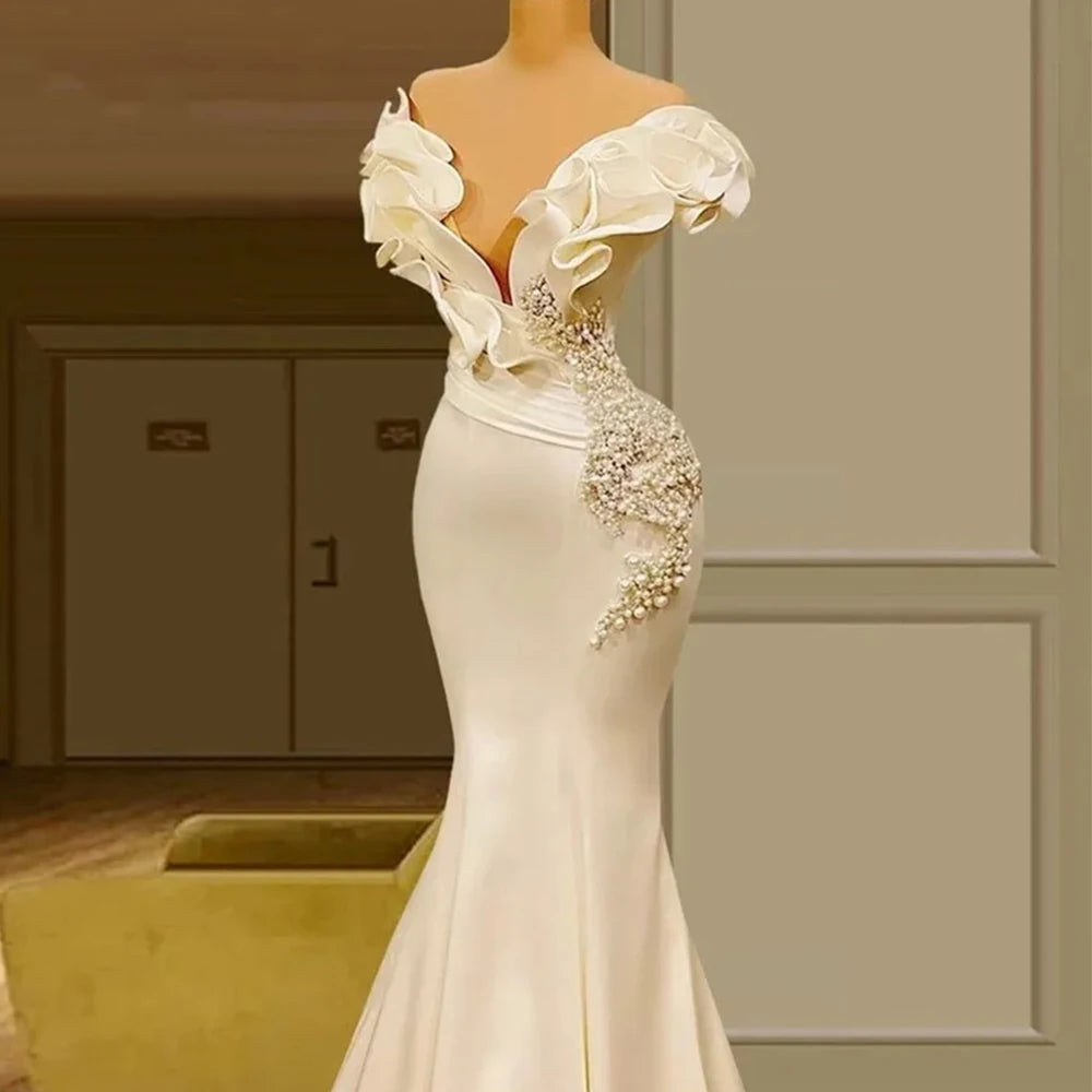 Modern Mermaid Wedding Dress Off the Shoulder with Ruffles Beading and Pleat Bride Floor Length Sweep Train Gowns Customized