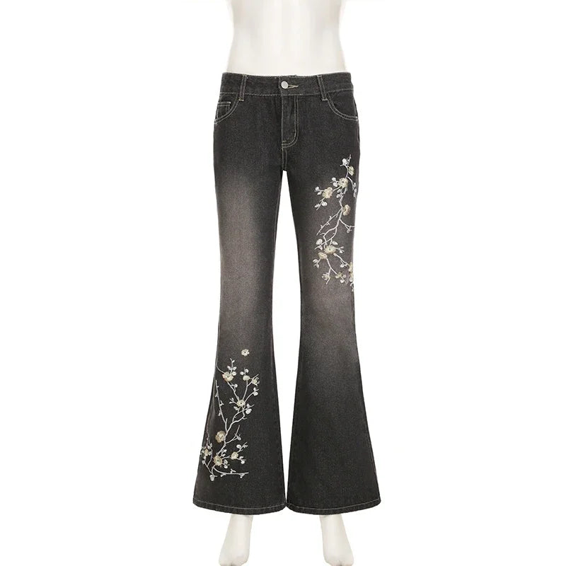 Weekeep Floral Embroidery Low Rise Flared Jeans Women