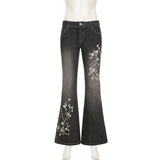 Weekeep Floral Embroidery Low Rise Flared Jeans Women