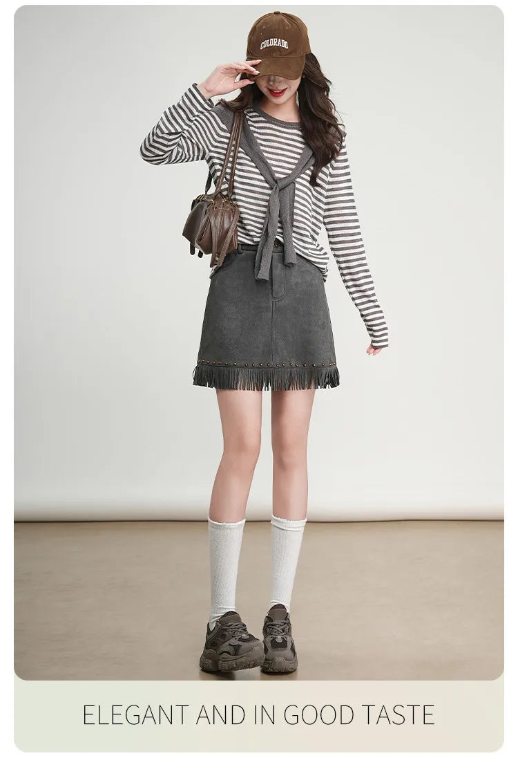 LOUIS YAO Tassels Rivet A-line Half Skirt 2025 Autumn Short Skirts Fashionable and Gentle Casual  Women's Half Skirt