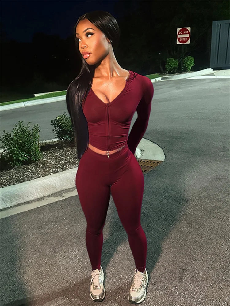 Nibber Sporty Casual 2 Piece Set Women Tracksuit Hooded Zip Crop Tops+Leggings Fitness Soft Stretch Streetwear Activity Suit
