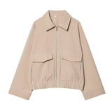 NLZGMSJ Women's 2025 Autumn Elegant Clothing Jacket Vintage Lapel Collar Zipper Full Sleeve Pocket Coat Lady Outerwears