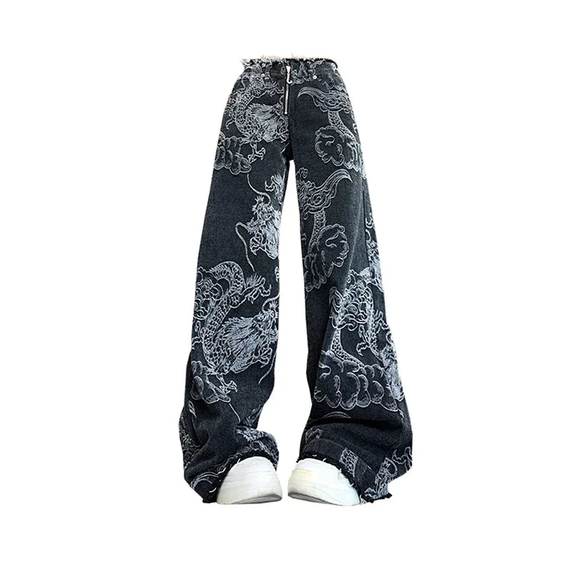 Y2K Dragon Print Baggy High-Waist Denim Jeans for Women