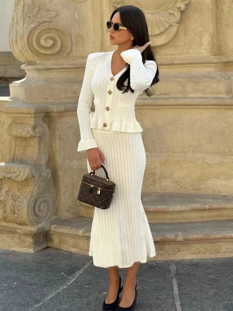 Elegant V-Neck Knit Mermaid Skirt Set