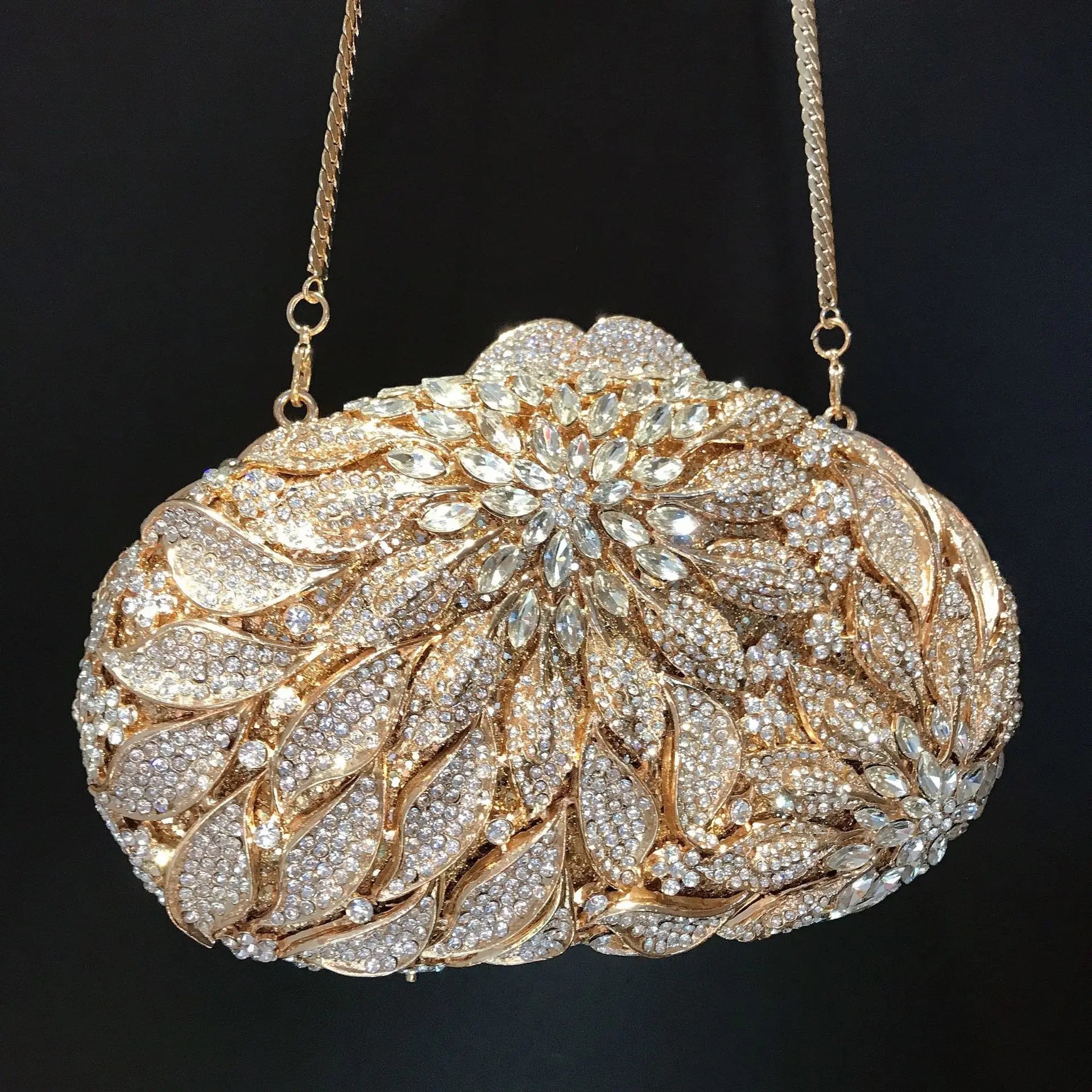 Gold Metal Leaves White Crystals Evening Clutch Bags Luxury Women Wedding Party Purse Ball Handbags Rhinestone Mini Shell Bag