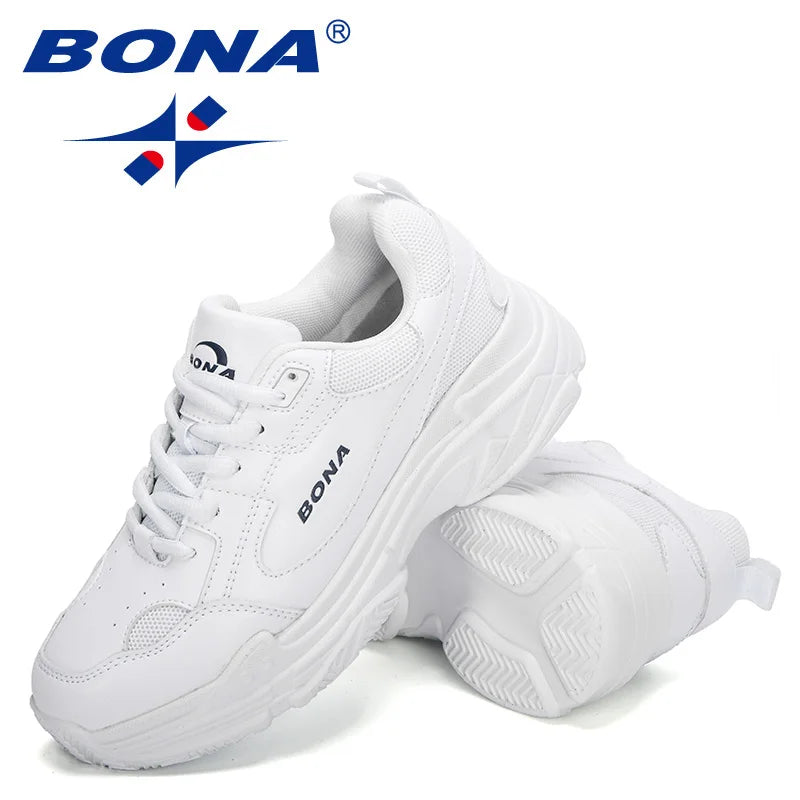 BONA Women's White Lace-Up Sneaker Flats | Casual Platform