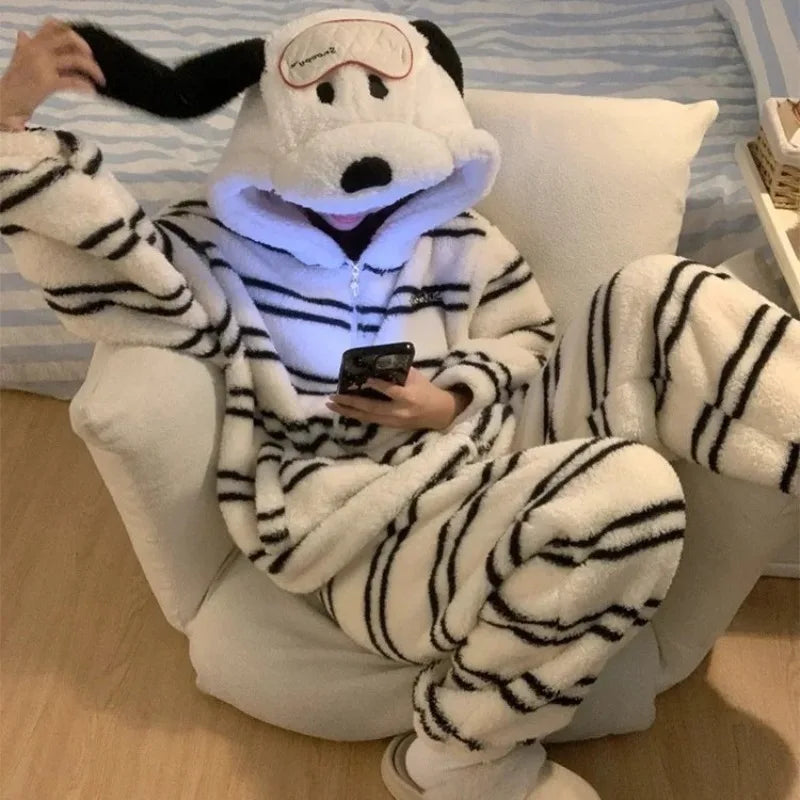 Cute Girl Cartoon Puppy Hooded Coral Fleece Pajamas Set Women's Winter New Thickened Large Size Loungewear Pajamas for Women