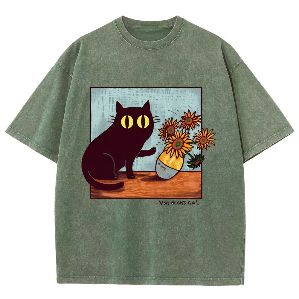 Cartoon Kitten Chrysanthemum Vase Print T-Shirt Round Neck Washed Shoulder Designer 2025 New Trendy Fashion Short Sleeves