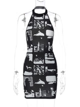 Vintage Print Halter Bodycon Mini Dress | Y2K Streetwear