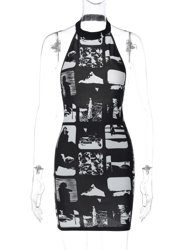 Vintage Print Halter Bodycon Mini Dress | Y2K Streetwear