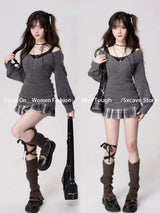 Knitted Suits Autumn Winter Woman V-neck French Vintage Long Sleeve Pullovers Knitwears 2000s Aesthetic Korean Sweater Sets Y2k