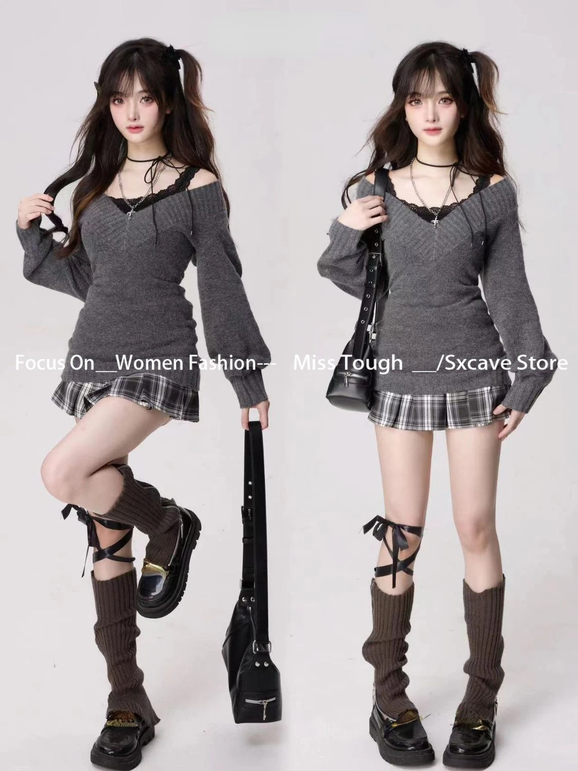 Knitted Suits Autumn Winter Woman V-neck French Vintage Long Sleeve Pullovers Knitwears 2000s Aesthetic Korean Sweater Sets Y2k