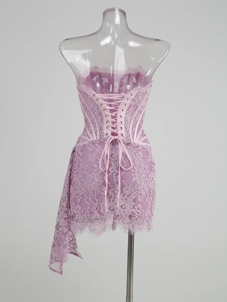 Strapless Lace Mini Dress – Elegant Sheer Patchwork Slim Fit Evening Dress