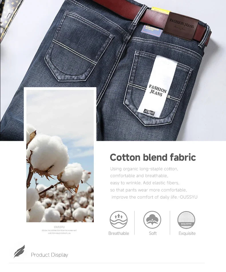 Autumn Winter Men's Jeans Classic Retro Grey Denim Pants Man Work Slim Straight Stretch Cotton Trousers Streetwear Plus Size 40
