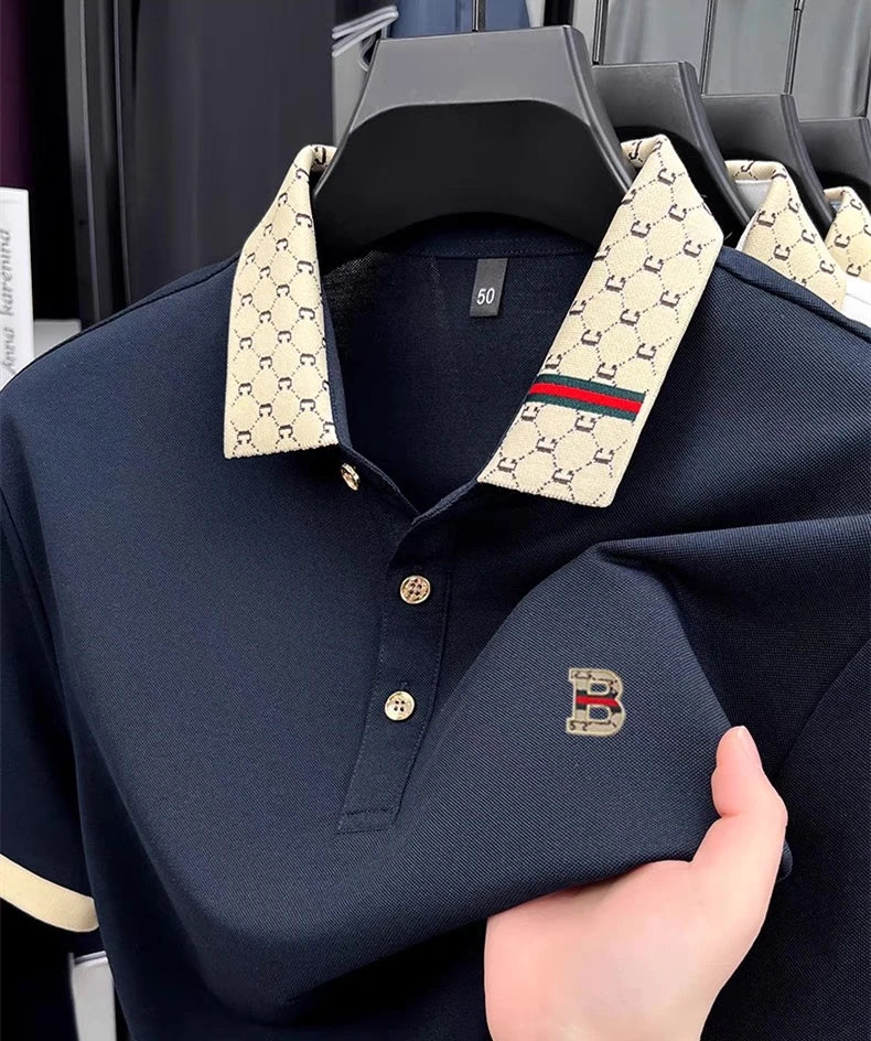 B Letter Embossed Short Sleeve Polo Shirt for Men