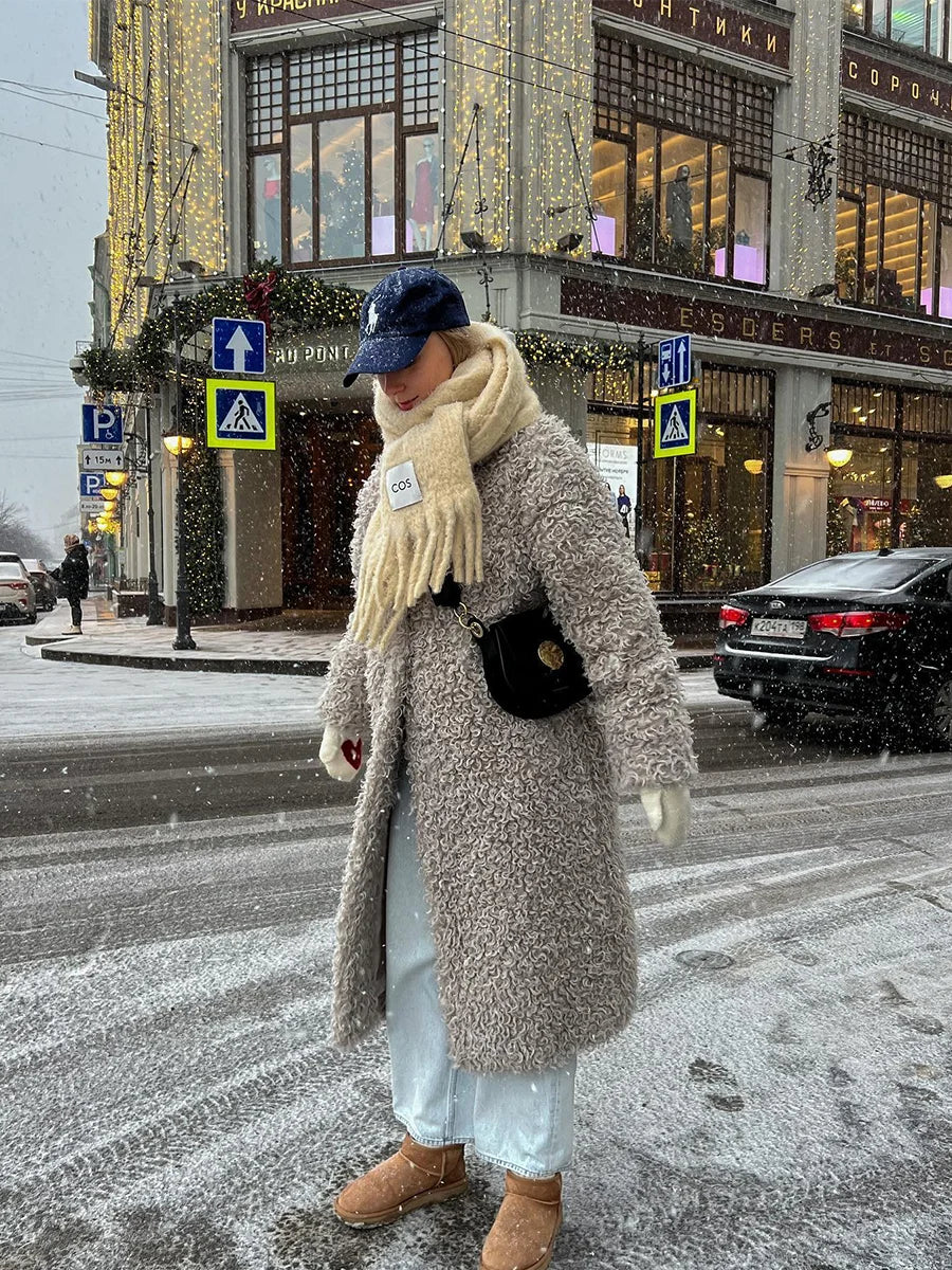 Gray Wool-Blend Faux Fur Maxi Coat