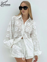 Oymimi Summer White Cotton 2 Piece Sets Women Outfit Casual Jacquard Button Wrist Sleeve Shirts And High Waist Shorts Female Set