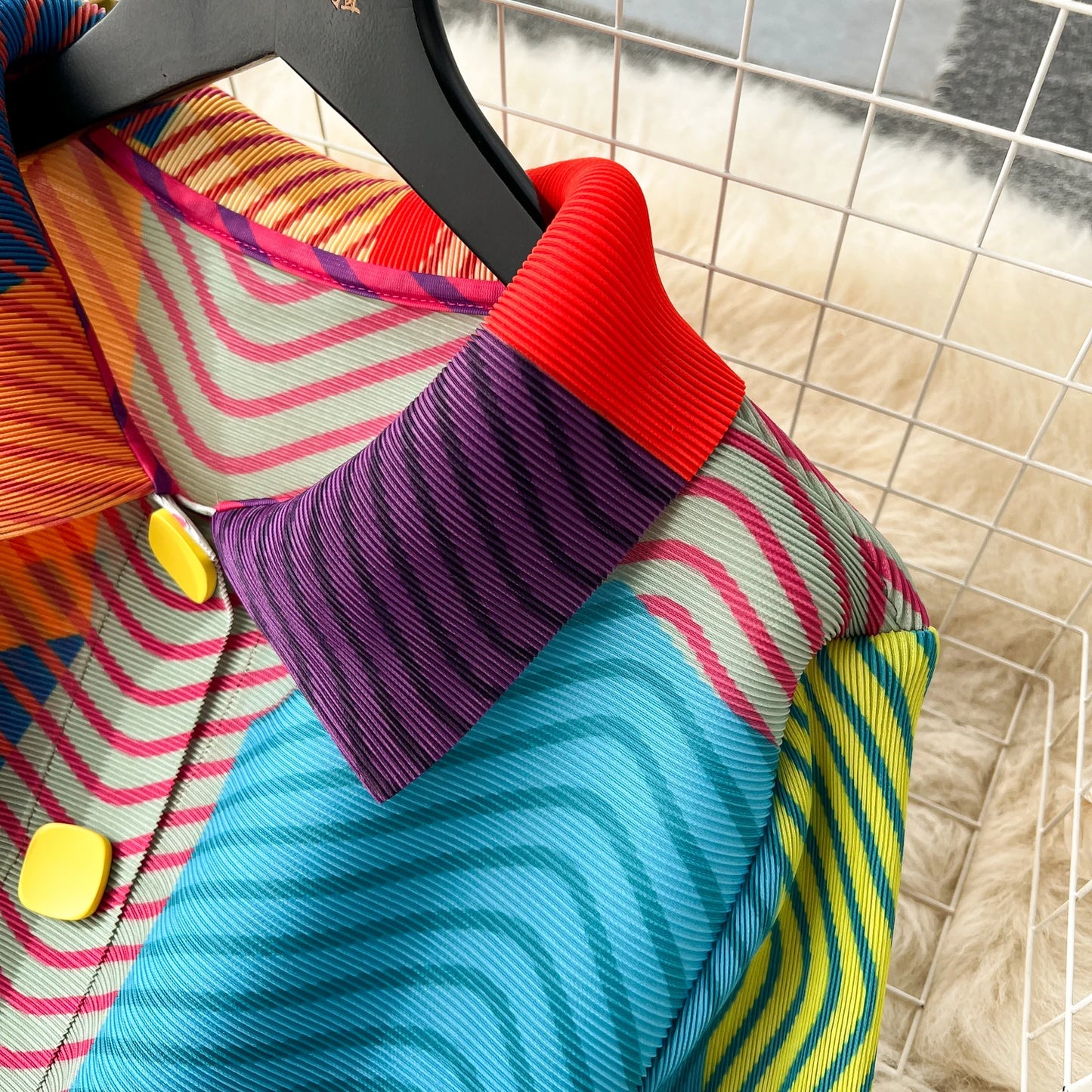 Miyake Pleated Drape Dress – Colorblock Print, 3/4 Sleeve