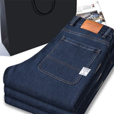 Autumn Winter  Brand New High Waist Jeans Classic Business Casual Office Men's Fashion Stretch Slim Denim Jeans Navy Blue