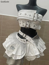 Summer Vintage Elegant Y2K Woman 2 Piece Sets Punk Gothic Strapless Crop Tops +High Waist Ruffle Skirt Female Party Outfits 2025