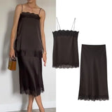 Tidalyf 2025 Women Two Piece Skirt Set Off Shoulder Lace Trim Cami Top with Split Hem Midi Skirt Sexy Elegant Outfit