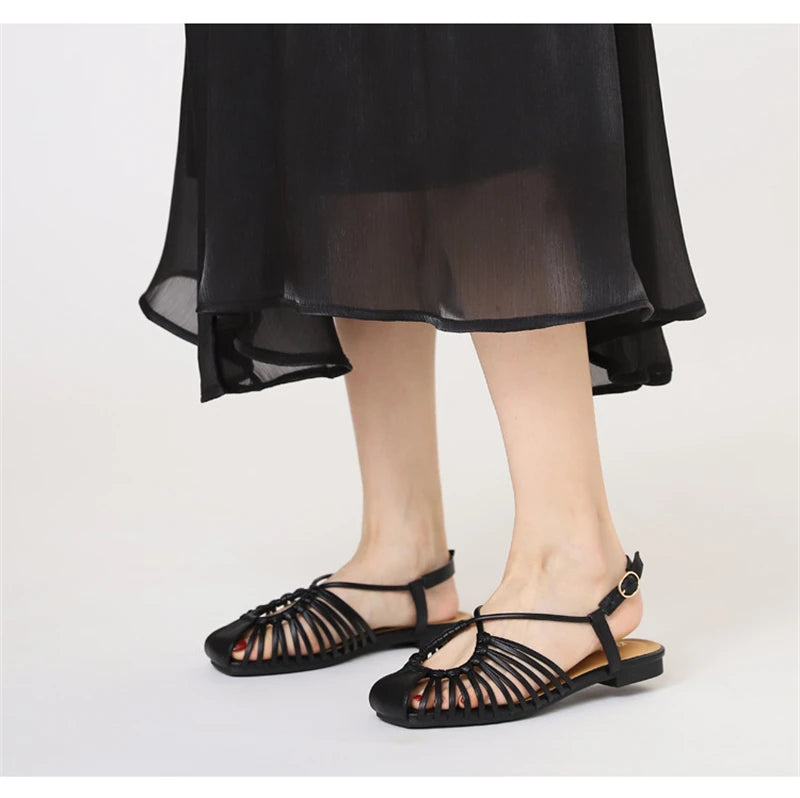 Women's Narrow Band Roman Flat Sandals — Buckle Strap Gladiator Beach Shoes