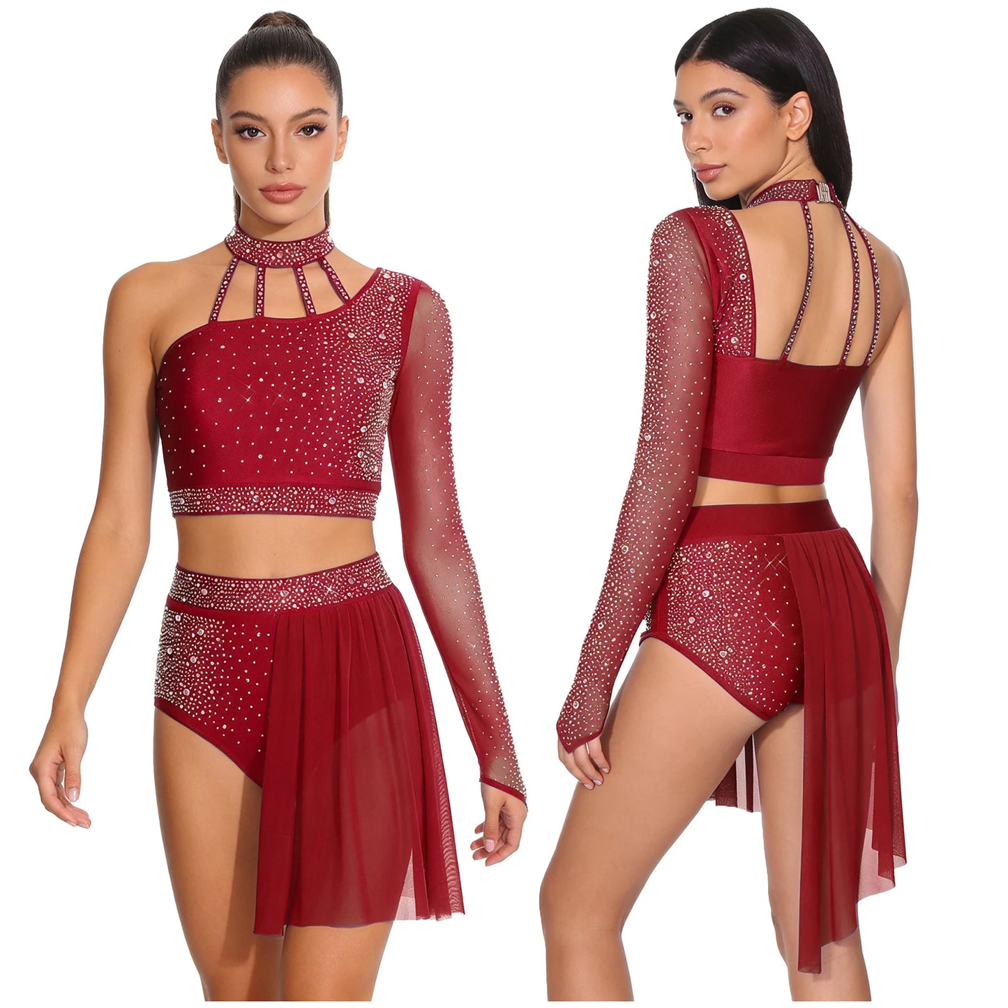 Women's 2-Piece Rhinestone Dance Crop Top & Shorts Set