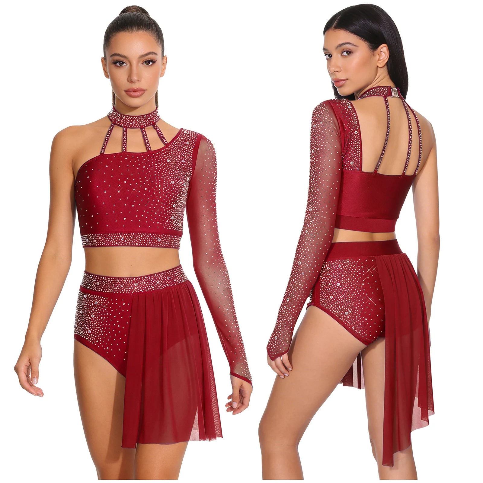 Women's 2-Piece Rhinestone Dance Crop Top & Shorts Set