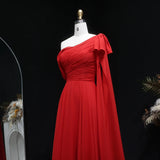 Sharon Said Red Off-Shoulder Satin Evening Gown with Bow Cape