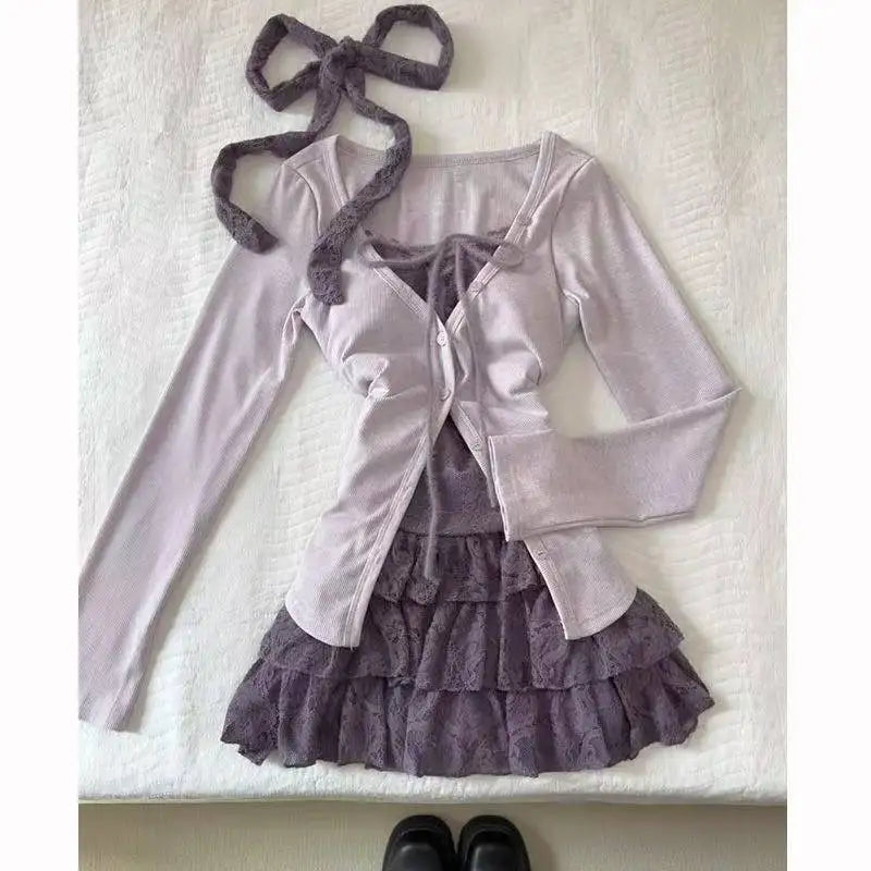 Sweet Lolita Lace Up Ruffles Cardigan+ Sexy Slim Fit Strapless Vest Tops+ High Waist Ruched Skirts Early Autumn Three Piece Sets