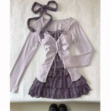 Sweet Lolita Lace Up Ruffles Cardigan+ Sexy Slim Fit Strapless Vest Tops+ High Waist Ruched Skirts Early Autumn Three Piece Sets