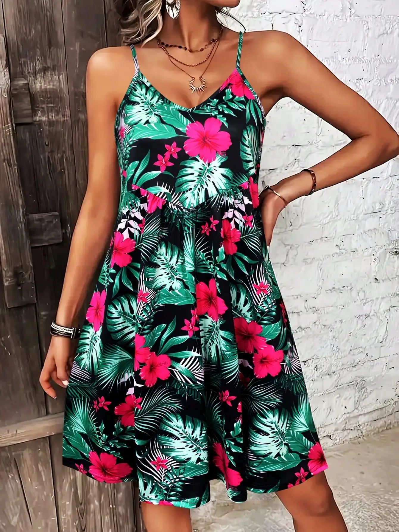 Tropical Print V-Neck Summer Maxi Dress