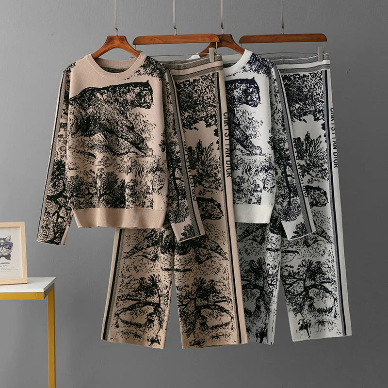 Women’s Knit Animal Print 2-Piece Set - Wide Leg Pants & Sweater
