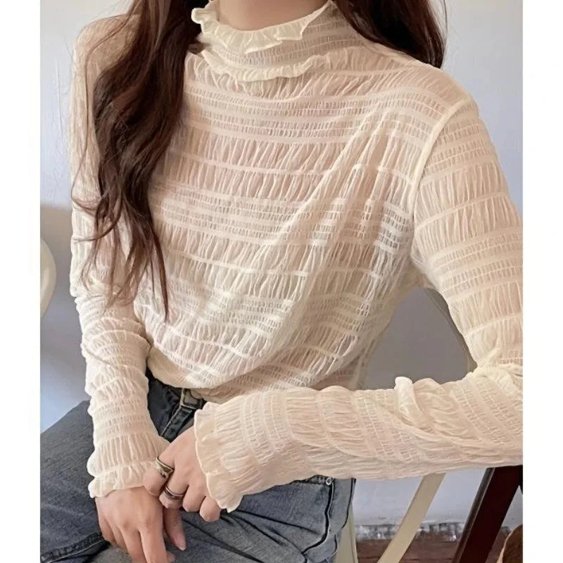 Women’s Floral Lace Mesh Mock Neck Long Sleeve Top
